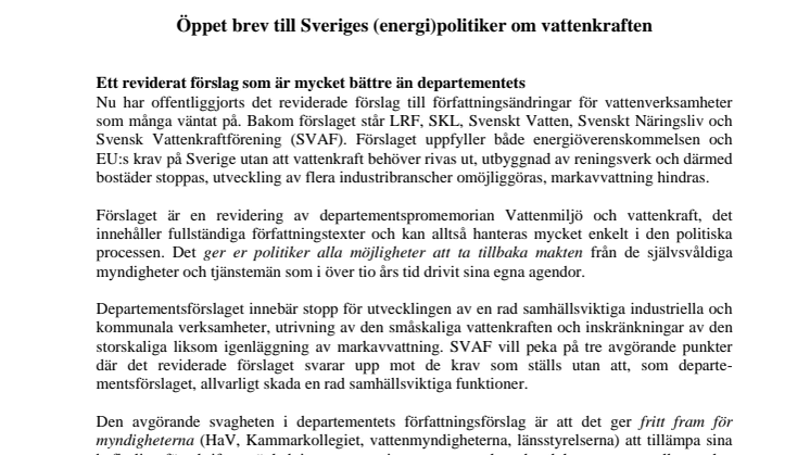 Öppet brev till Sveriges (energi)politiker om vattenkraften