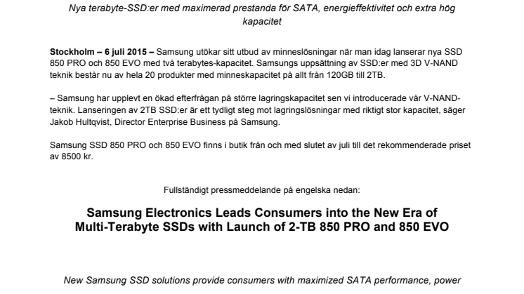 Samsung släpper nya SSD 850 PRO och 850 EVO med 2TB-kapacitet