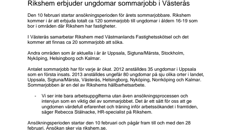 Rikshem erbjuder ungdomar sommarjobb i Västerås