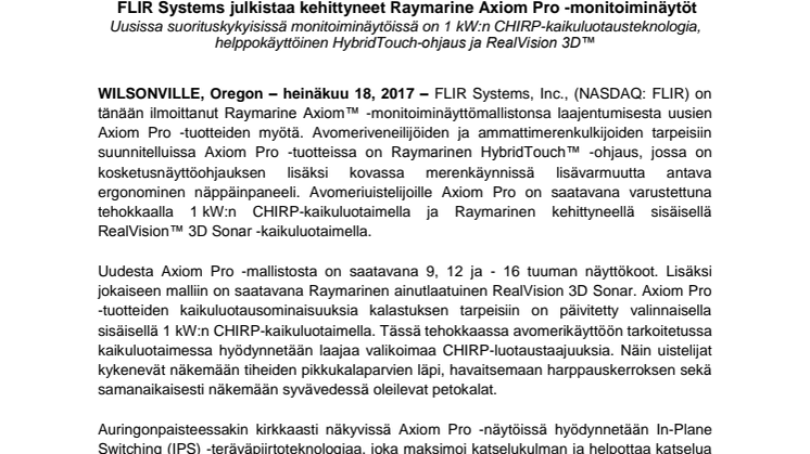 Raymarine:  FLIR Systems julkistaa kehittyneet Raymarine Axiom Pro -monitoiminäytöt 