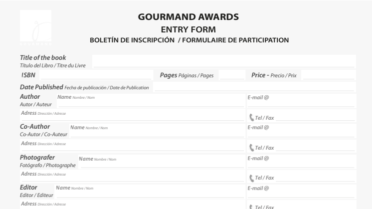 Entry form Gourmand Awards