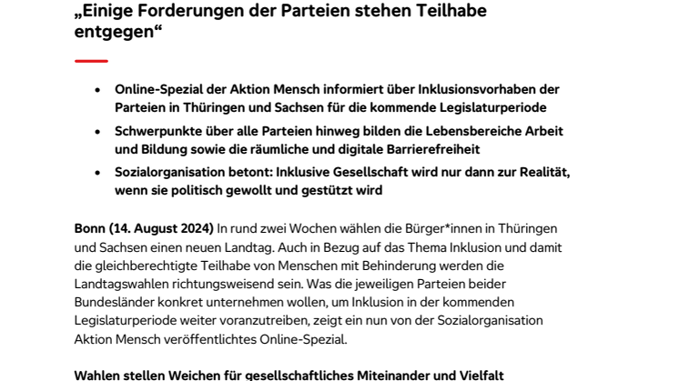 Landtagswahlen in Thüringen und Sachsen am 1. September: Aktion Mensch veröffentlicht Online-Spezial zu Inklusion