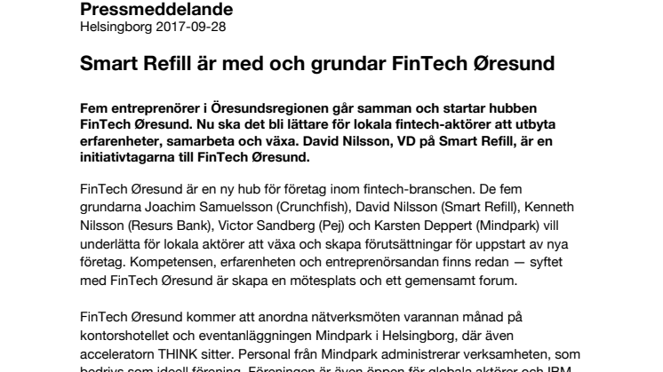 Smart Refill är med och grundar FinTech Øresund