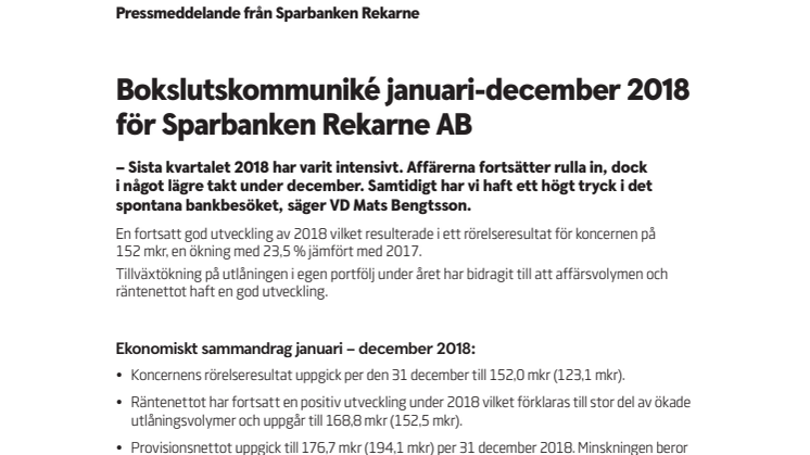 Bokslutskommuniké januari-december 2018 för Sparbanken Rekarne AB