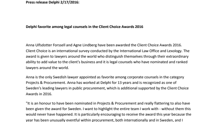 Delphi favorite among legal counsels in the Client Choice Awards 2016