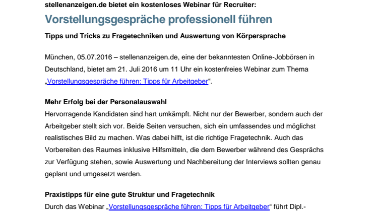 stellenanzeigen.de bietet ein kostenloses Webinar für Recruiter: Vorstellungsgespräche professionell führen