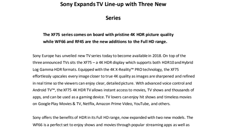 Sony utvider årets utvalg av TV-er med tre splitter nye serier