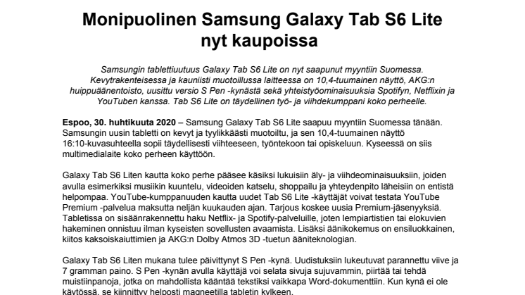 Monipuolinen Samsung Galaxy Tab S6 Lite nyt kaupoissa 