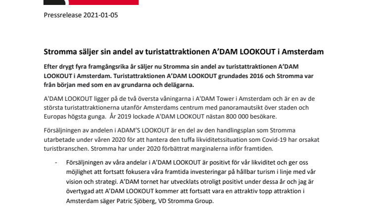 Stromma säljer sin andel av turistattraktionen A’DAM LOOKOUT i Amsterdam