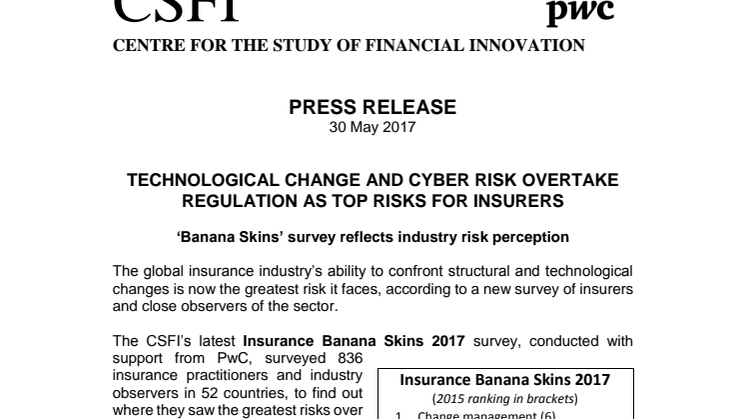 Technological change and cyber risk overtake regulation as top risks for insurers