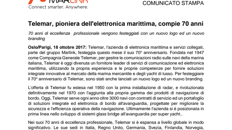 Marlink: Telemar, pioniera dell'elettronica marittima, compie 70 anni