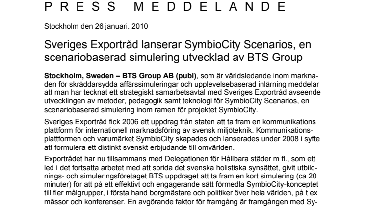 Sveriges Exportråd lanserar SymbioCity Scenarios, en scenariobaserad simulering utvecklad av BTS Group