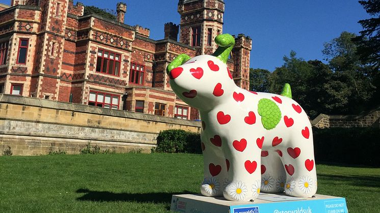 'Snowdog Springtime', designed by Joanna Lumley can be visited at Saltwell Park Towers in Saltwell Park, Gateshead