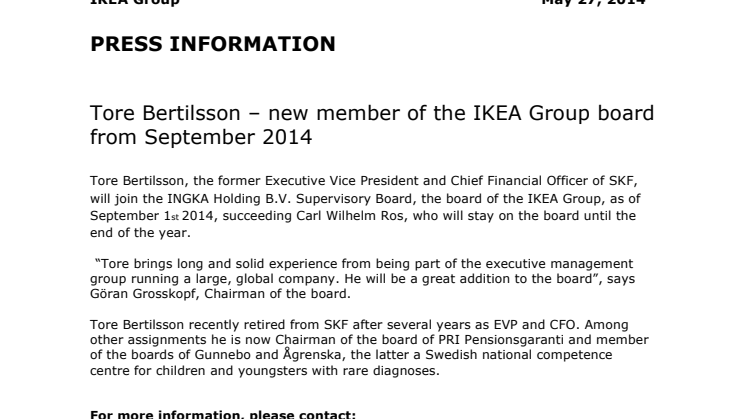 Tore Bertilsson - ny ledamot i IKEA Gruppens styrelse från och med september 2014