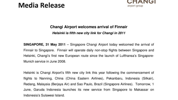 Changi Airport welcomes arrival of Finnair