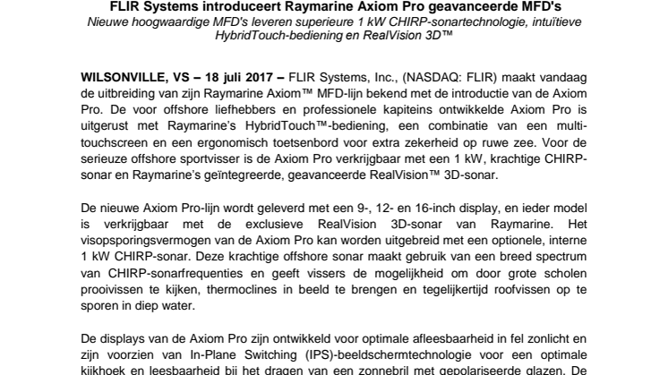 Raymarine: FLIR Systems introduceert Raymarine Axiom Pro geavanceerde MFD's