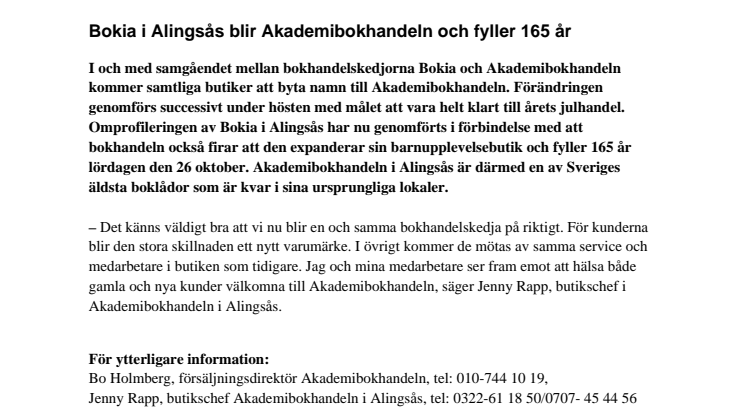 Bokia i Alingsås blir Akademibokhandeln och fyller 165 år
