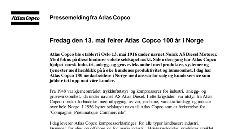 Fredag den 13. mai feirer Atlas Copco 100 år i Norge 
