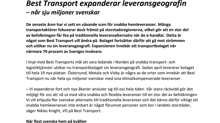 Best Transport expanderar leveransgeografin – når sju miljoner svenskar 