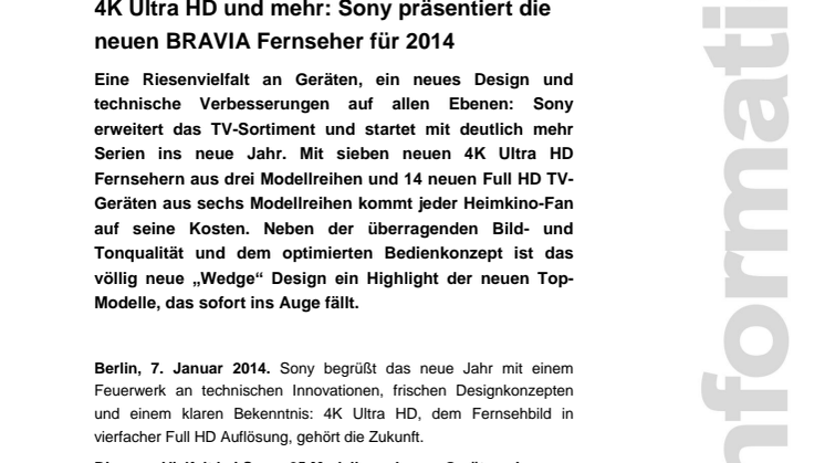 4K Ultra HD und mehr: Sony präsentiert die neuen BRAVIA Fernseher für 2014
