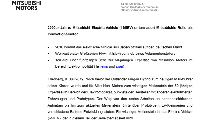 2000er Jahre: Electric Vehicle (i-MiEV) untermauert Mitsubishis Rolle als Innovationsmotor 