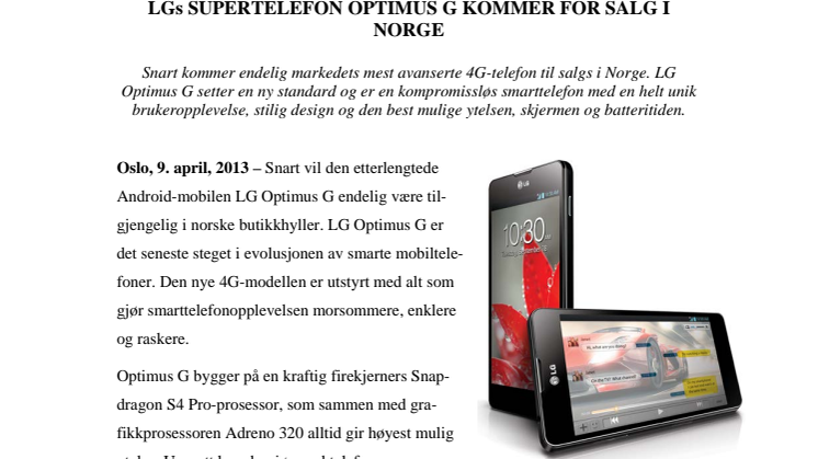 LGs SUPERTELEFON OPTIMUS G KOMMER FOR SALG I NORGE