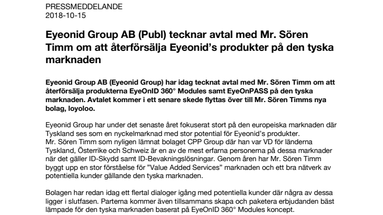 Eyeonid Group AB (Publ) signs a reseller agreement with Mr. Sören Timm regarding Eyeonid’s products for the German market