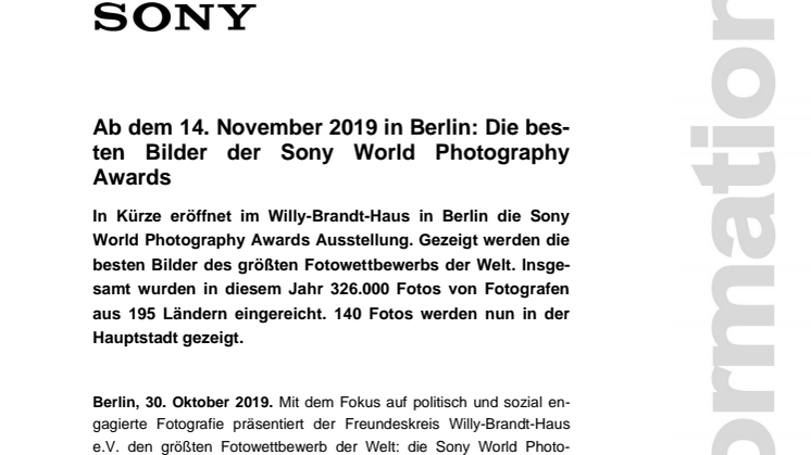 Ab dem 14. November 2019 in Berlin: Die besten Bilder der Sony World Photography Awards