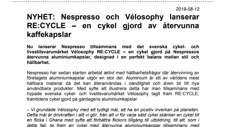 NYHET: Nespresso och Vélosophy lanserar RE:CYCLE – en cykel gjord av återvunna kaffekapslar