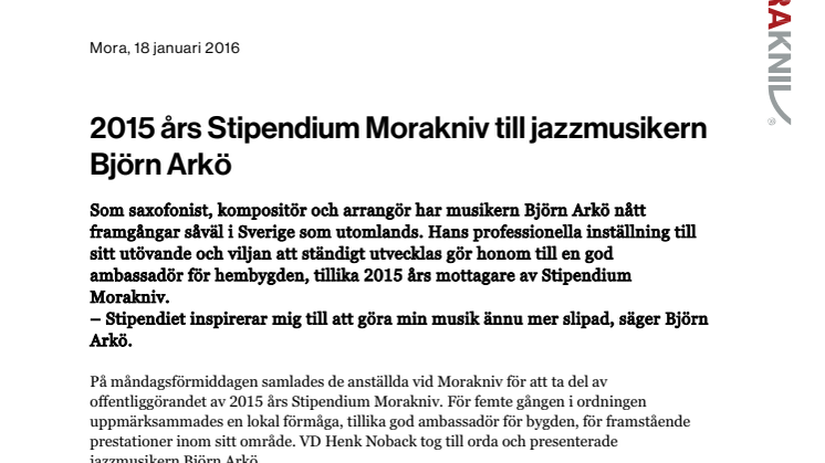 2015 års Stipendium Morakniv till jazzmusikern Björn Arkö