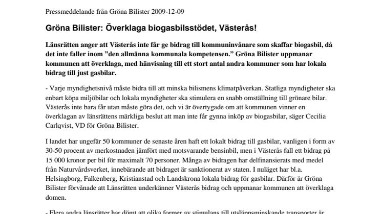 Gröna Bilister: Överklaga biogasbilsstödet, Västerås!