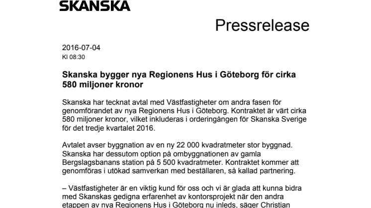 Skanska bygger nya Regionens Hus i Göteborg för cirka 580 miljoner kronor
