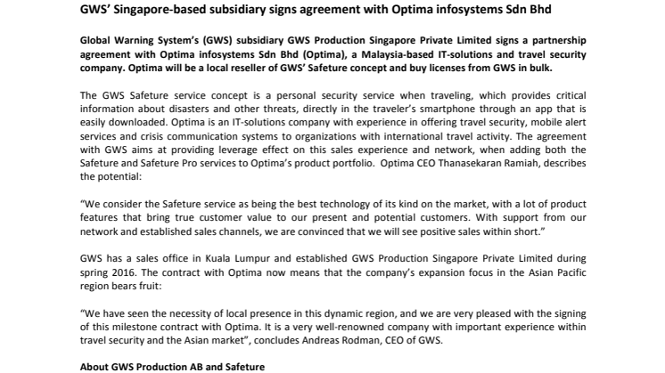 GWS’ Singapore-based subsidiary signs agreement with Optima infosystems Sdn Bhd