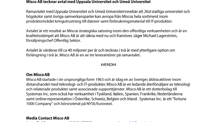 Misco AB tecknar avtal med Uppsala Universitet och Umeå Universitet