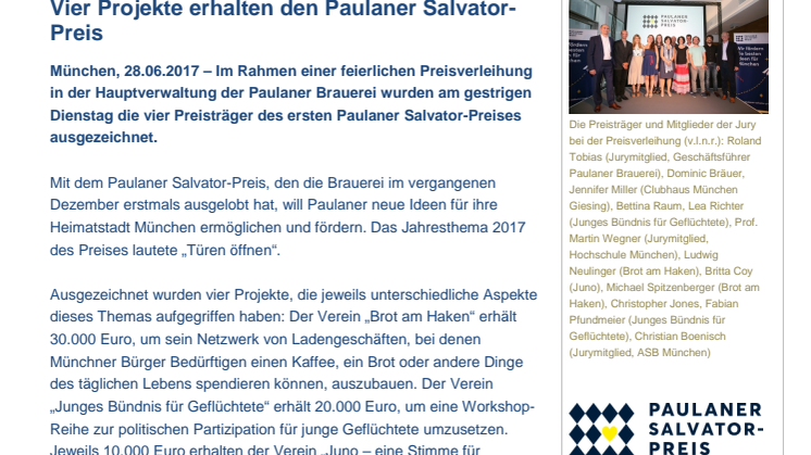Vier Projekte erhalten den Paulaner Salvator-Preis