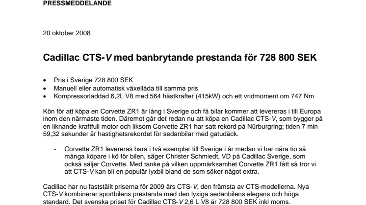 Cadillac CTS-V med banbrytande prestanda för 728 800 SEK