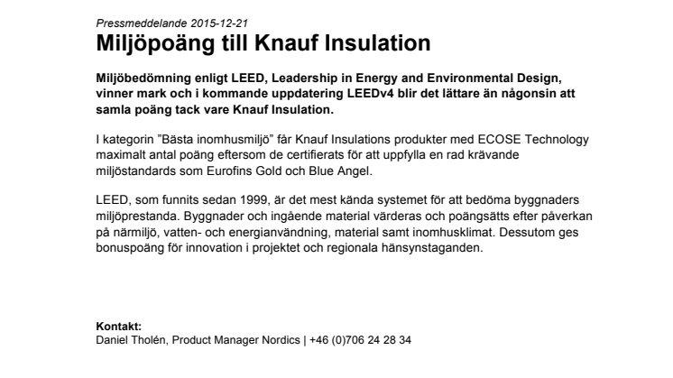 Miljöpoäng till Knauf Insulation