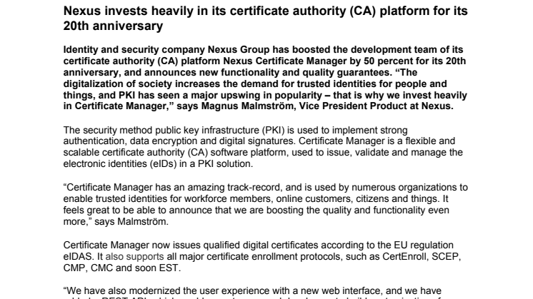 Nexus invests heavily in its certificate authority (CA) platform for its 20th anniversary