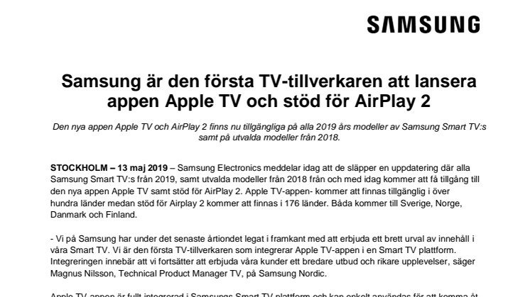 Samsung är den första TV-tillverkaren att lansera appen Apple TV och stöd för AirPlay 2
