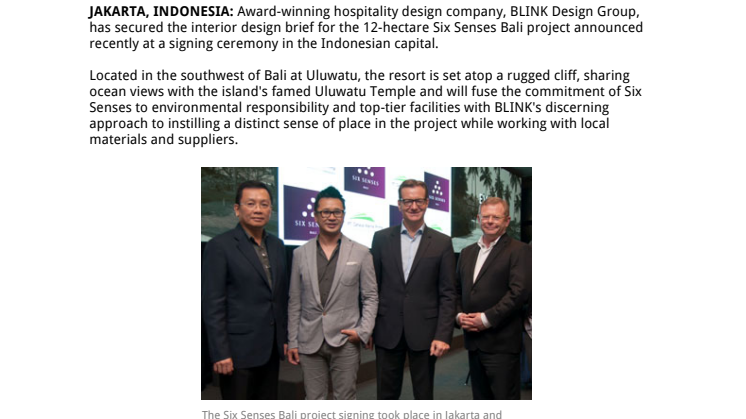 BLINK DESIGN GROUP APPOINTED INTERIOR DESIGN FIRM OF RECORD FOR SIX SENSES PROJECT IN ULUWATU, BALI