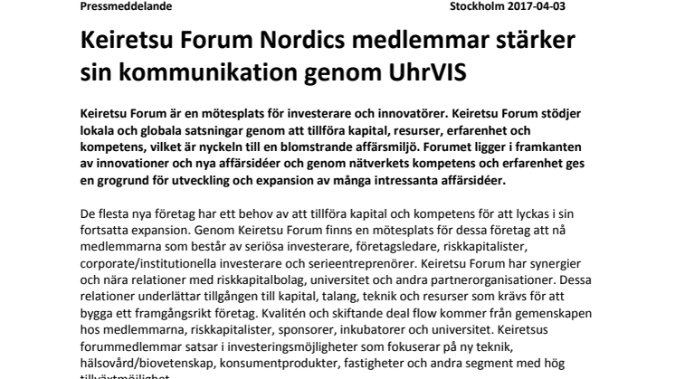 Keiretsu Forum Nordics medlemmar stärker sin kommunikation genom UhrVIS 