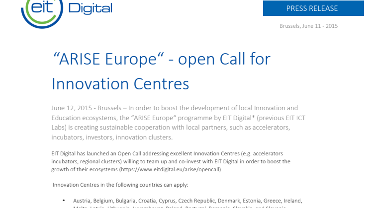 ARISE Europe - open Call for Innovation Centres
