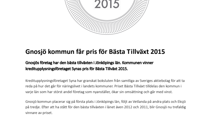 Gnosjö kommun får pris för Bästa Tillväxt 2015