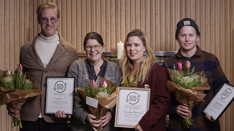 Årets vinnare av 100% Cirkulärt: Martin Renck (Wayout International), Margareta Hoas & Elin Hoas (Lilla Bjers), Emil Bertilsson (Skoogs Krog & Logi) Foto: Erik Olsson