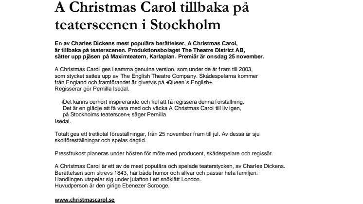 A Christmas Carol tillbaka på  teaterscenen i Stockholm