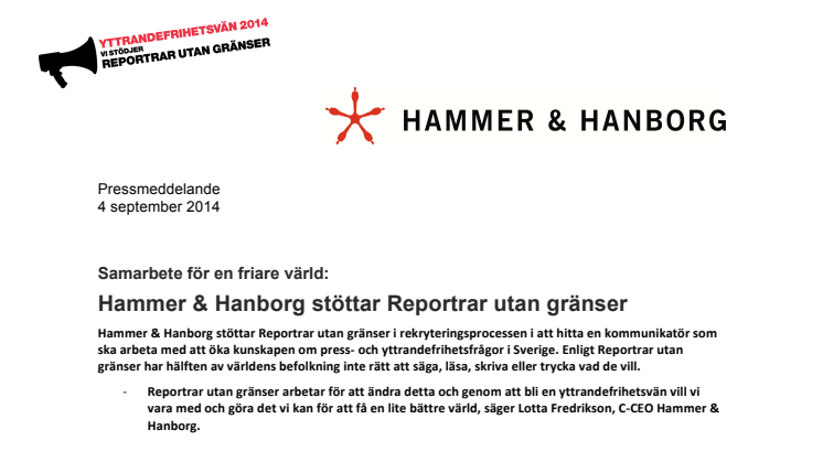 Samarbete för en friare värld: Hammer & Hanborg stöttar Reportrar utan gränser