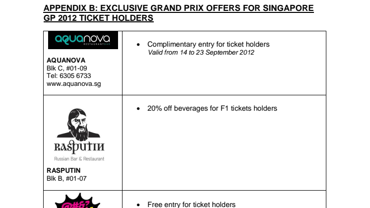 Grand Prix Offers for Singapore GP 2012 Ticket Holders