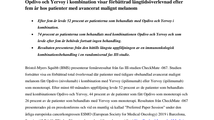 Opdivo och Yervoy i kombination visar förbättrad långtidsöverlevnad efter fem år hos patienter med avancerat malignt melanom 