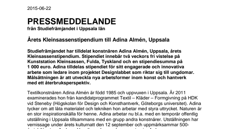 Årets Kleinsassenstipendium till konstnär Adina Almén, Uppsala