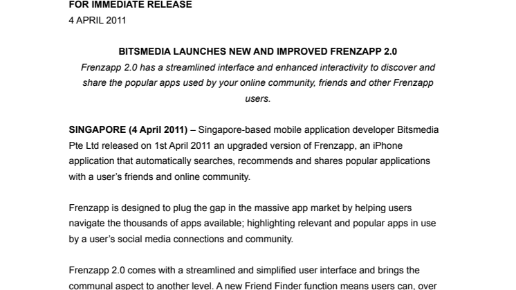 BITSMEDIA LAUNCHES NEW AND IMPROVED FRENZAPP 2.0